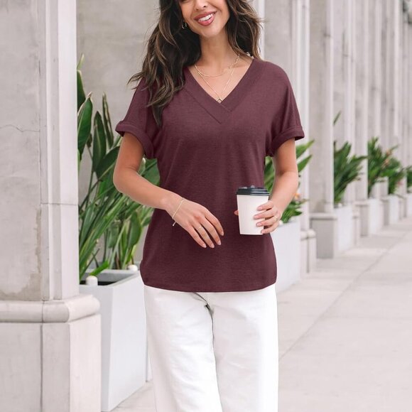 Women's Short Sleeve V Neck Casual T-Shirt in Winered - Large - Picture 2 of 5